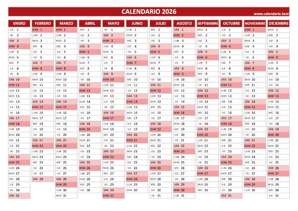 Calendario 2026 anual para imprimir gratis