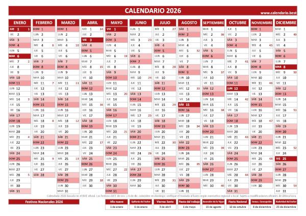 Calendario 2026 por semanas lineal pour imprimir: plantilla PDF y JPG con 12 meses en una hoja (rojo)
