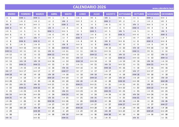 Calendario 2026 lineal para imprimir: plantilla PDF y JPG con 12 meses en una hoja (morado)