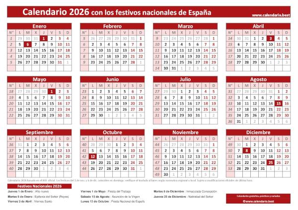 Miniatura Calendario Laboral 2026 con festivos BOE