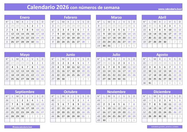 Calendario 2026 por semanas para imprimir: plantilla PDF y JPG con números de semana ISO en cuadrícula (morado)