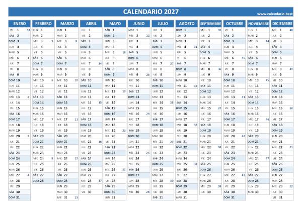 Calendario 2027 por semanas lineal para imprimir: plantilla PDF anual con 12 meses en una hoja (azul)