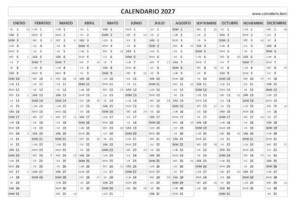 Calendario con semanas 2027 para imprimir en formato lineal blanco y negro minimalista