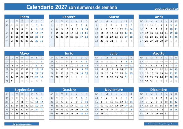 Calendario 2027 por semanas para imprimir: plantilla PDF y JPG con números de semana ISO en cuadrícula (azul)