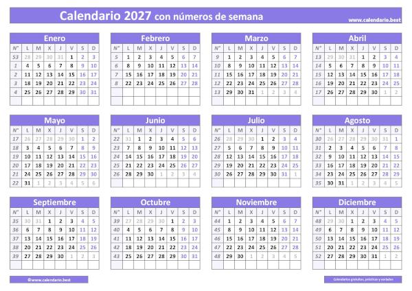 Calendario 2027 por semanas para imprimir: plantilla PDF y JPG con números de semana ISO en cuadrícula (morado)