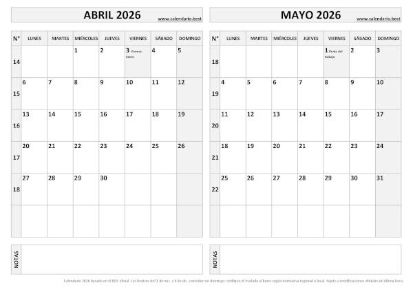 Calendario de abril y mayo 2026 en blanco para imprimir