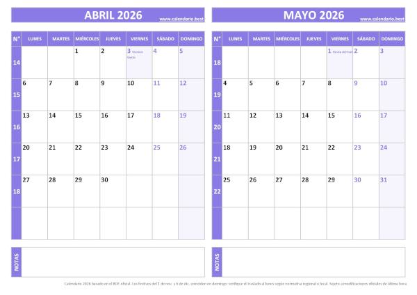 Calendario abril y mayo 2026 para imprimir gratis, diseño violeta elegante (PDF y JPG)