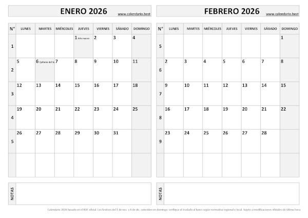 Calendario enero y febrero 2026 en blanco y negro para imprimir gratis, plantilla básica (PDF y JPG)