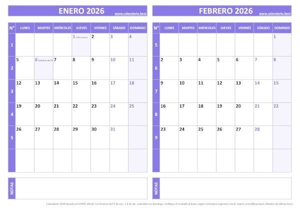 Calendario enero y febrero 2026 para imprimir gratis, diseño violeta elegante (PDF y JPG)