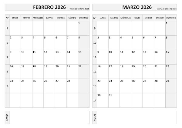 Calendario febrero y marzo 2026 en blanco y negro para imprimir gratis, plantilla básica (PDF y JPG)