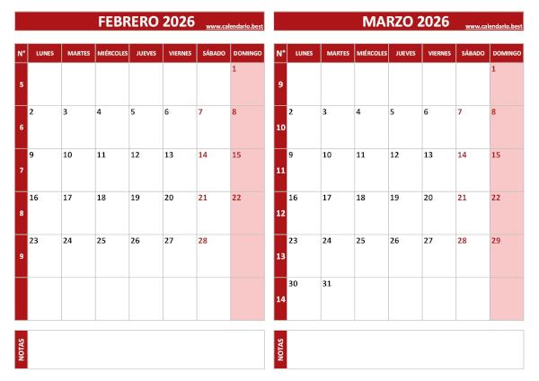 Calendario de febrero y marzo 2026 en blanco para imprimir