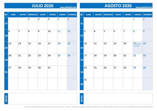 Calendario julio y agosto 2026 para imprimir en 1 página horizontal, plantilla azul (PDF y JPG)