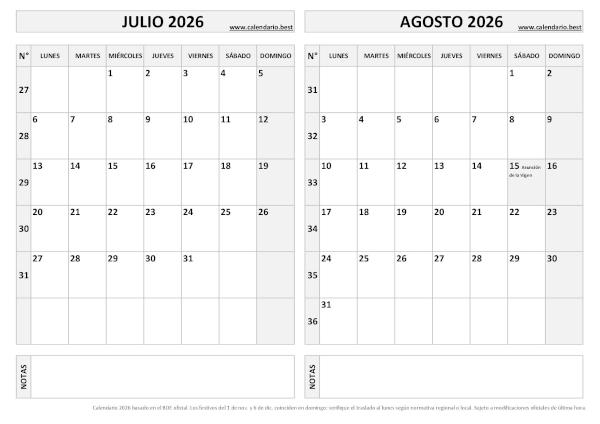 Calendario laboral bimestral julio y agosto 2026 en blanco y negro