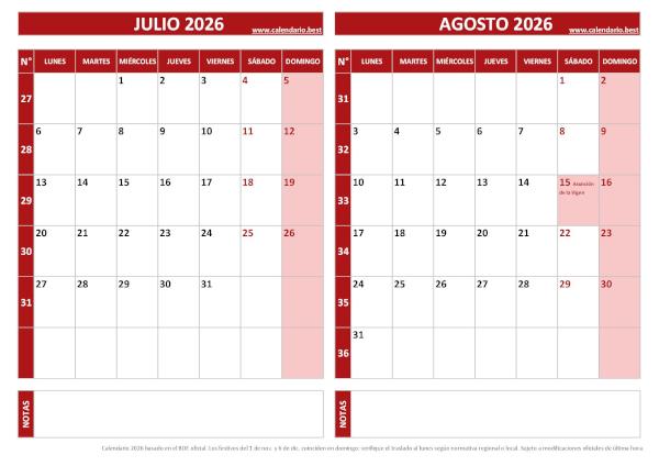 Plantilla de calendario bimestral 2026 horizontal para imprimir gratis
