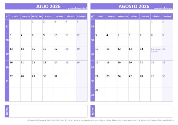 Calendario de julio y agosto 2026 en blanco para imprimir