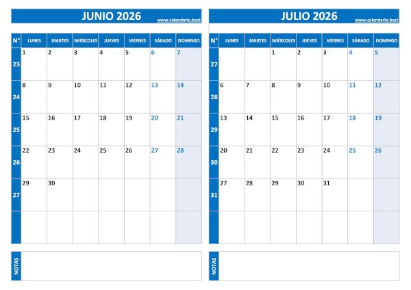 Calendario de junio y julio 2026 para imprimir