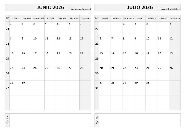 Calendario junio y julio 2026 en blanco y negro para imprimir gratis, plantilla básica (PDF y JPG)