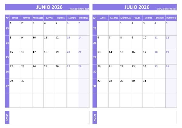 Calendario junio y julio 2026 para imprimir gratis, diseño violeta elegante (PDF y JPG)