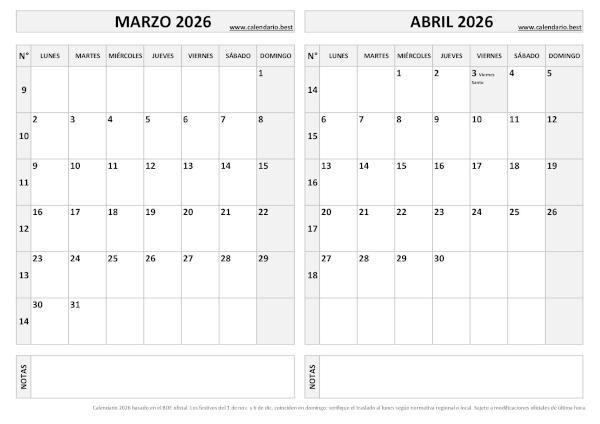 Calendario marzo y abril 2026 en blanco y negro para imprimir gratis, plantilla básica (PDF y JPG)