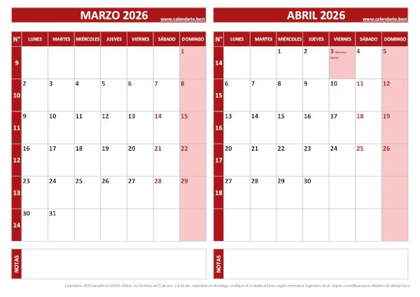 Calendario bimestral marzo abril 2026 con números de semana para imprimir, diseño rojo