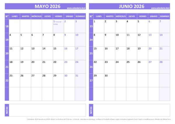 Calendario mayo y junio 2026 para imprimir gratis, diseño violeta elegante (PDF y JPG)