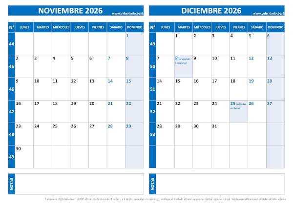 Calendario de noviembre y diciembre 2026 para imprimir