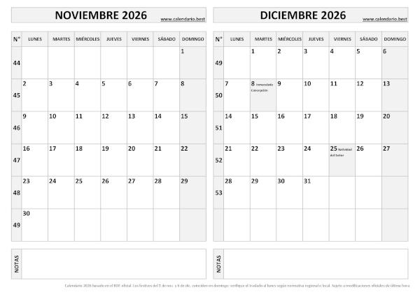 Calendario noviembre y diciembre 2026 en blanco y negro para imprimir gratis, plantilla básica (PDF y JPG)