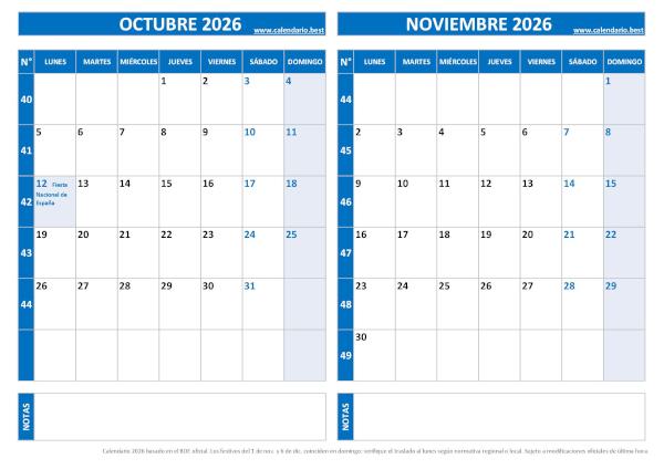 Calendario octubre y noviembre 2026 para imprimir en 1 página horizontal, plantilla azul (PDF y JPG)