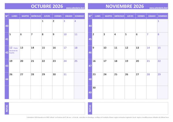 Calendario octubre y noviembre 2026 para imprimir gratis, diseño violeta elegante (PDF y JPG)