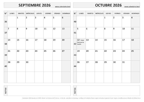 Calendario septiembre y octubre 2026 en blanco y negro para imprimir gratis, plantilla básica (PDF y JPG)