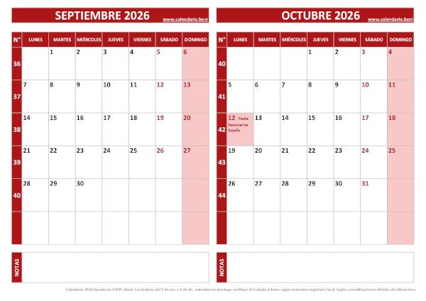 Calendario de septiembre y octubre de 2026 para imprimir con números de semana, diseño rojo