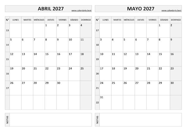 Calendario abril y mayo 2027 en blanco y negro para imprimir gratis, plantilla básica (PDF y JPG)