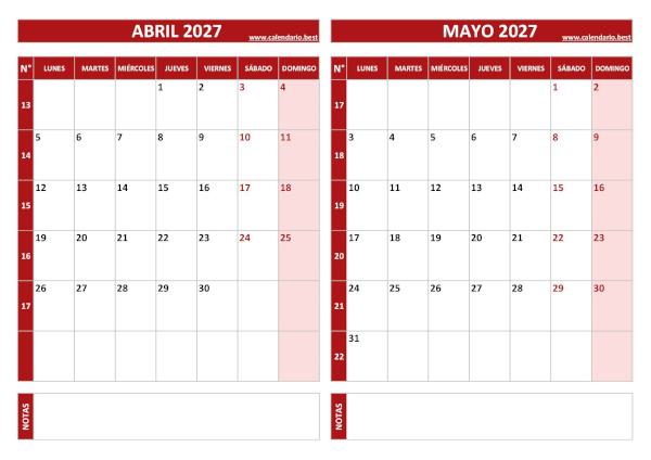 Calendario de abril y mayo de 2027 para imprimir con números de semana, diseño rojo