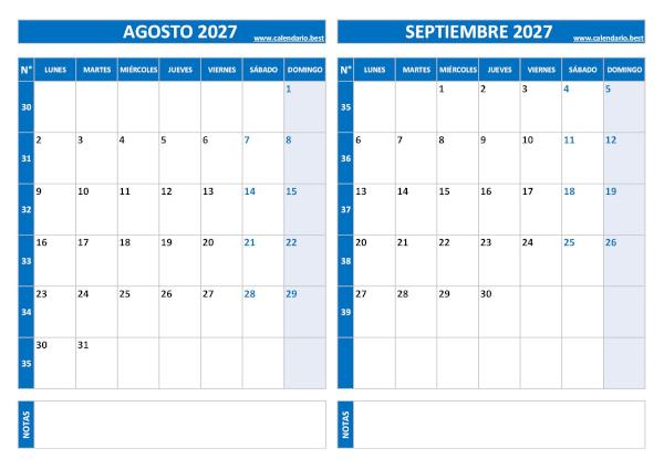 Calendario de agosto y septiembre 2027 en azul con números de semana para imprimir