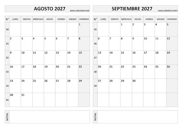 Calendario agosto y septiembre 2027 en blanco y negro para imprimir gratis, plantilla básica (PDF y JPG)
