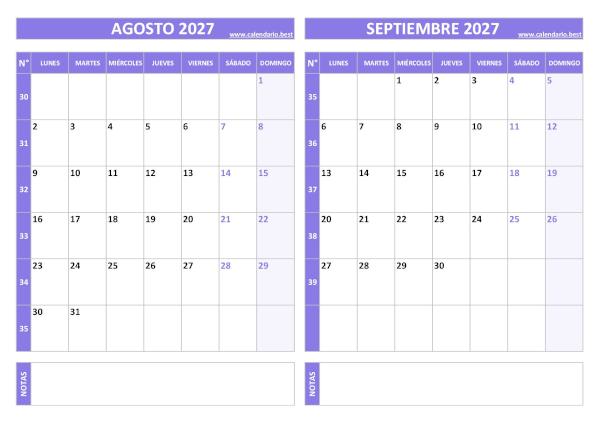 Calendario agosto y septiembre 2027 para imprimir gratis, diseño violeta elegante (PDF y JPG)