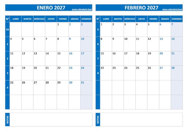 Calendario de enero y febrero 2027 en azul con números de semana para imprimir