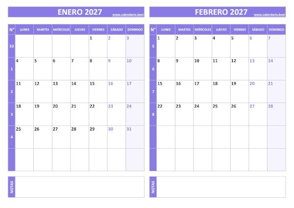 Calendario enero y febrero 2027 para imprimir gratis, diseño violeta elegante (PDF y JPG)