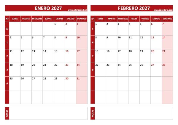 Calendario de enero y febrero de 2027 para imprimir con números de semana, diseño rojo