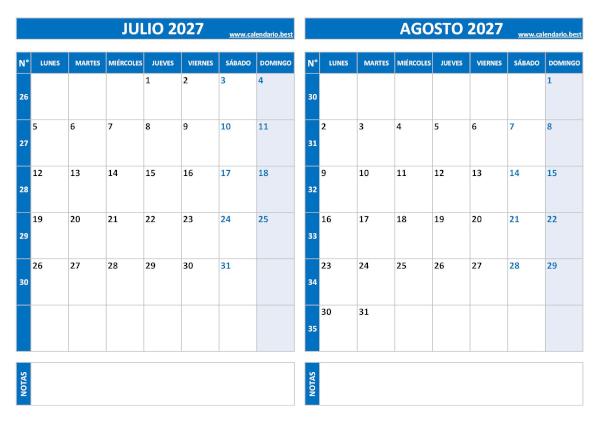 Calendario de julio y agosto 2027 en azul con números de semana para imprimir