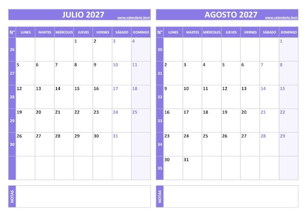 Calendario julio y agosto 2027 para imprimir gratis, diseño violeta elegante (PDF y JPG)