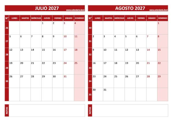 Plantilla de calendario bimestral 2027 horizontal para imprimir gratis