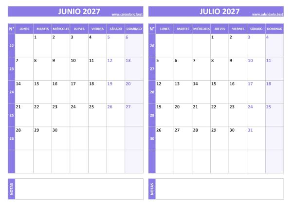Calendario junio y julio 2027 para imprimir gratis, diseño violeta elegante (PDF y JPG)