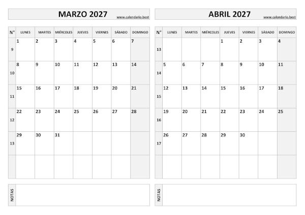 Calendario marzo y abril 2027 en blanco y negro para imprimir gratis, plantilla básica (PDF y JPG)