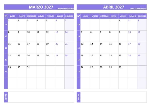 Calendario marzo y abril 2027 para imprimir gratis, diseño violeta elegante (PDF y JPG)