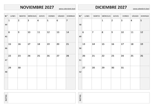 Calendario noviembre y diciembre 2027 en blanco y negro para imprimir gratis, plantilla básica (PDF y JPG)