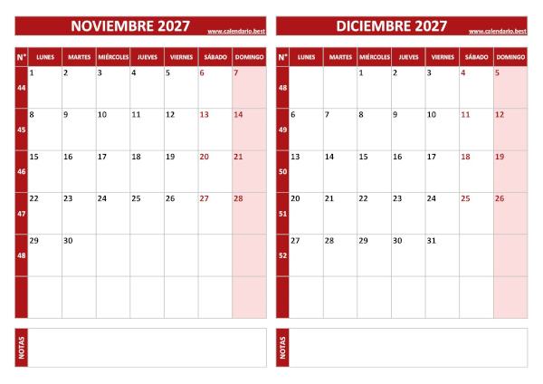 Calendario de noviembre y diciembre de 2027 para imprimir con números de semana, diseño rojo