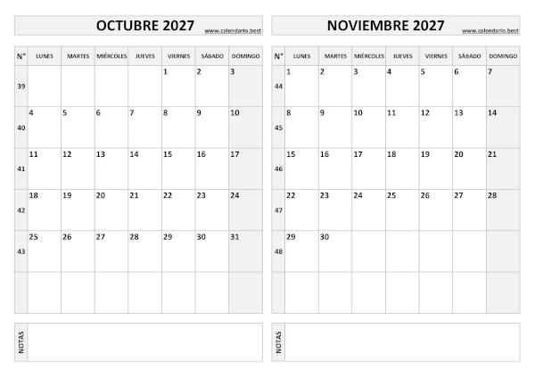 Calendario octubre y noviembre 2027 en blanco y negro para imprimir gratis, plantilla básica (PDF y JPG)