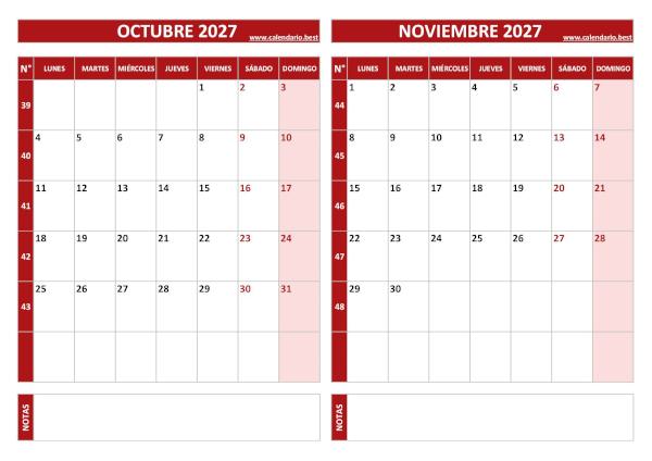 Calendario de octubre y noviembre de 2027 para imprimir con números de semana, diseño rojo