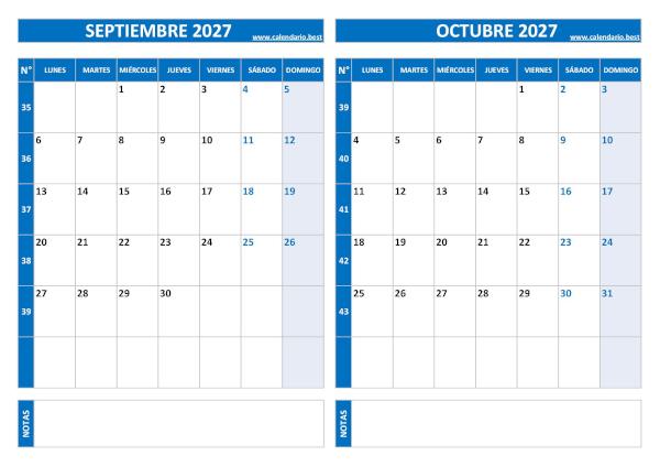 Calendario de septiembre y octubre 2027 en azul con números de semana para imprimir